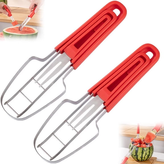 2PCS Watermelon Slicer and Fruit Cutter Tool, 3-in-1 Handheld Mango Corer with Integrated Fork, Pineapple Dicing Set for Summer Kitchen, Versatile Produce Cubing Gadgets for Picnic and Home