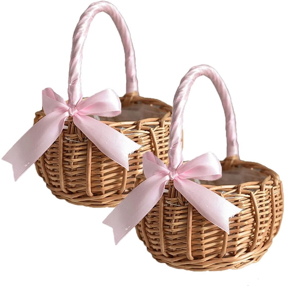 2PCS Wedding Flower Girl Basket Set,Wicker Rattan Flower Basket with Handle,Petal Basket Candy Storage Basket ,Rattan Box Home Decoration,White,5.9x7.5 in