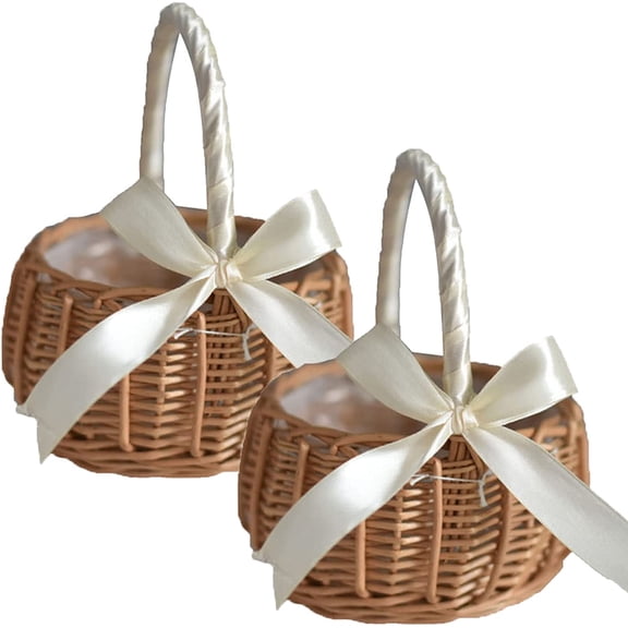2PCS Wedding Flower Girl Basket Set,Wicker Rattan Flower Basket with Handle,Petal Basket Candy Storage Basket ,Rattan Box Home Decoration,White,5.9x7.5 in