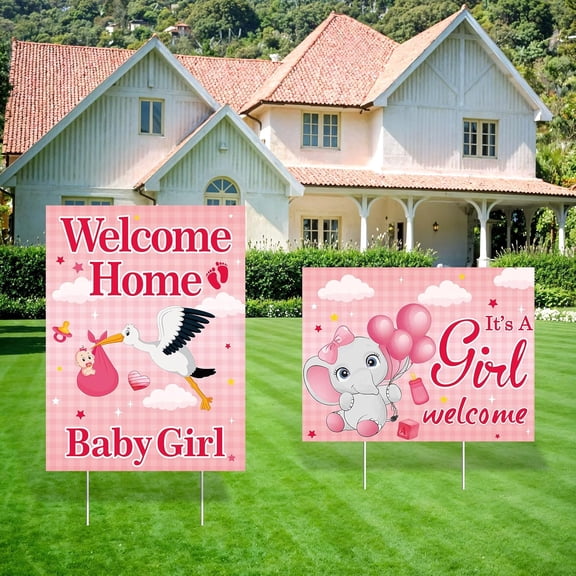 2PCS Welcome Home Baby Girl Yard Sign Decorations, It's a Girl Welcome Home Yard Signs with Stakes Pink Elephant Baby Shower Lawn Sign for Gender Reveal Party Supplies