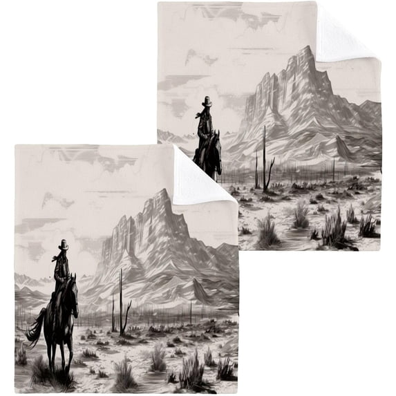 2PCS Western Desert Cowboy Towels Cotton Washcloths Set,Quick Drying & Absorbent Soft Bathroom Hand Towel Lightweight & Portable Fingertip Towel Decor Gift