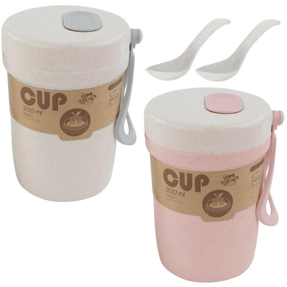 2PCS Wheat Straw Breakfast Cup, Portable Microwaveable Coffee Cups, 2 Colors Reusable Healthy Drinking Mugs with Spoon