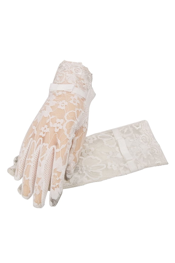 2PCS White Lace Gloves for Women, Floral Pattern, Wrist Length, Perfect for Tea Party, Wedding, Pageant & Cosplay