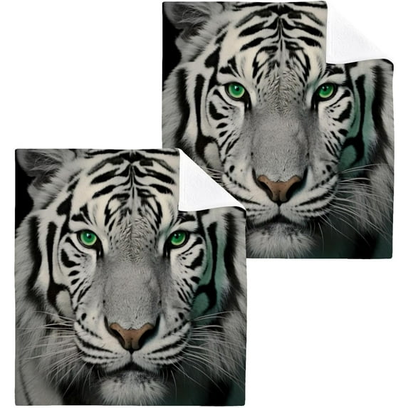 2PCS White Tiger with Green Eyes Towels Cotton Washcloths Set,Quick Drying & Absorbent Soft Bathroom Hand Towel Lightweight & Portable Fingertip Towel Decor Gift