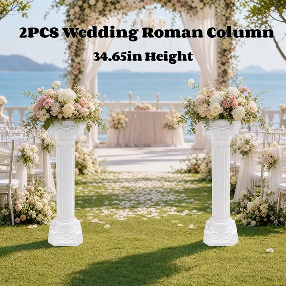 2PCS Wedding Roman Column, 34.65in Height Elegant Wedding Landscaping Pillar, Artistic White Roman Pillar Statue Flowerpot Holder