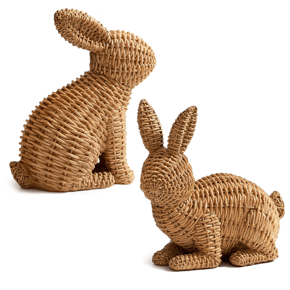 2PCS Wicker Rattan Bunny, 6.3 Inch Easter Rabbit Statue, Spring Tabletop Decoration for Coffee Table