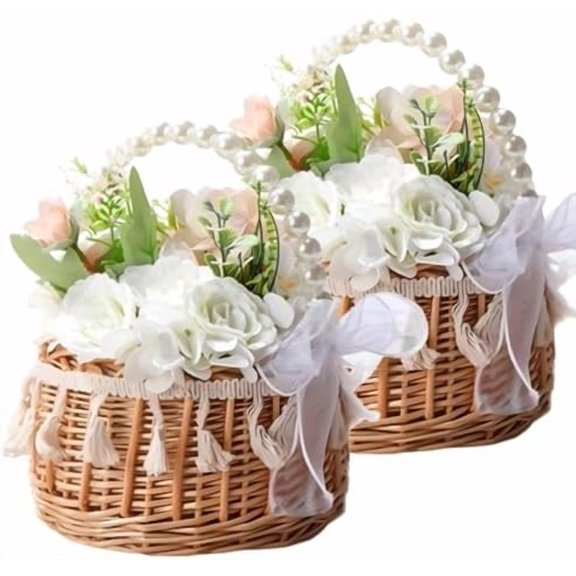 2PCS Wicker Rattan Flower Girl Baskets – Handwoven with pearl handle/bow (for weddings/bridal anniversaries, rattan decor), 223 – Home Decor, Kitchen, & Other