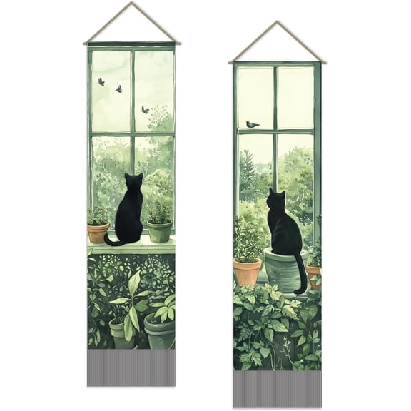 2PCS Window Black Cat Tapestry Modern Greenery Wall Hanging Tapestries Long Vertical Tassel Tapestry with Poles Ropes for Bedroom Living Room Porch Hallway Home Decoration 51x13in