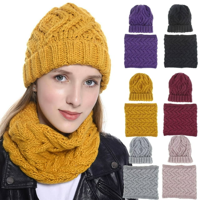 2PCS Winter Beanie Hat Scarf Set Women Men Slouchy Scarf Warm Knitted