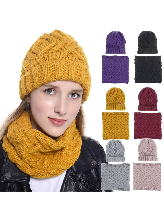 2PCS Winter Beanie Hat Scarf Set Women Men Slouchy Scarf Warm Knitted Hat Skull Cap