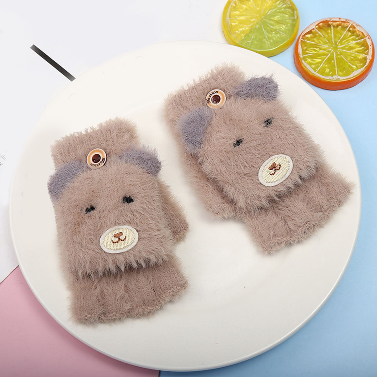 2PCS Winter Cartoon Half Finger Flip Plus Velvet Gloves Warm And Thick