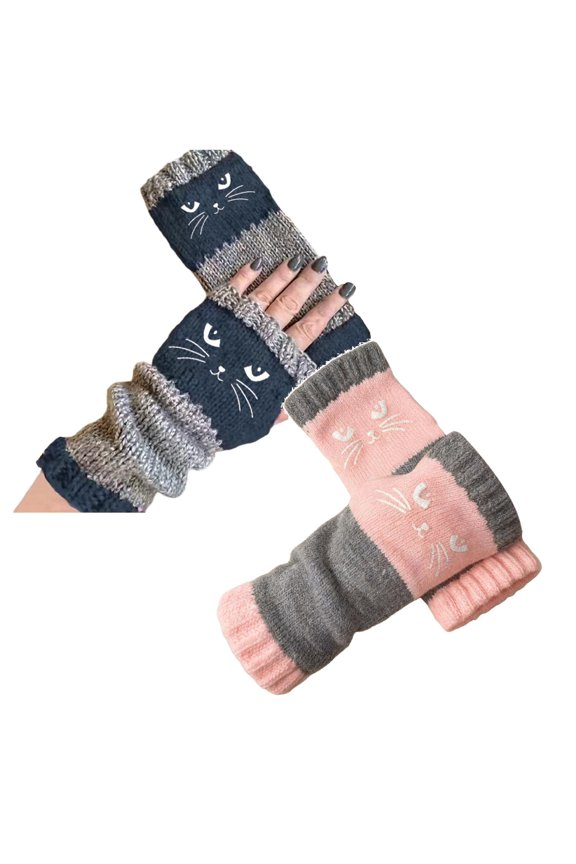 2PCS Winter Cat Embroidery Splicing Knitted Gloves, Cute Hand Warmers for Women, Women’s Knitted Fingerless Gloves with Cat Print