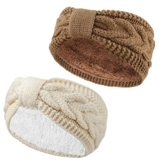 2PCS Winter Knit Twist Cable Head Wraps Fuzzy Lined Headband Knotted Crochet Turban Thick Ear Warmer Elastic Hair Band Accessories for Girls Women
