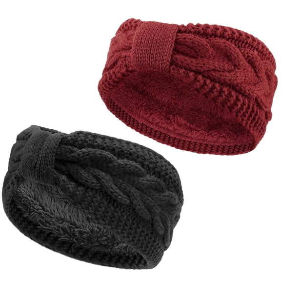 2PCS Winter Knit Twist Cable Head Wraps Fuzzy Lined Headband Knotted Crochet Turban Thick Ear Warmer Elastic Hair Band Accessories for Girls Women