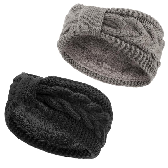 2PCS Winter Knit Twist Cable Head Wraps Fuzzy Lined Headband Knotted Crochet Turban Thick Ear Warmer Elastic Hair Band Accessories for Girls Women