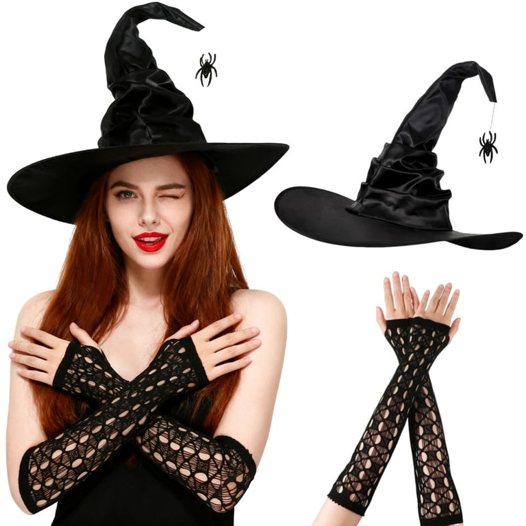 2PCS Witch Hat with Long Gloves for Women, Floppy Brim Wizard Hat
