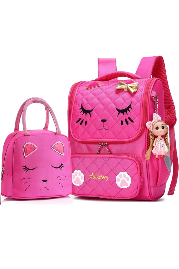 2PCS-With Lunch Bag, Laptop Backpack 15.6 inch Bag Meow Cute College Backpack Anti Travel Backpack Large Women's Schoolbag (Rose)