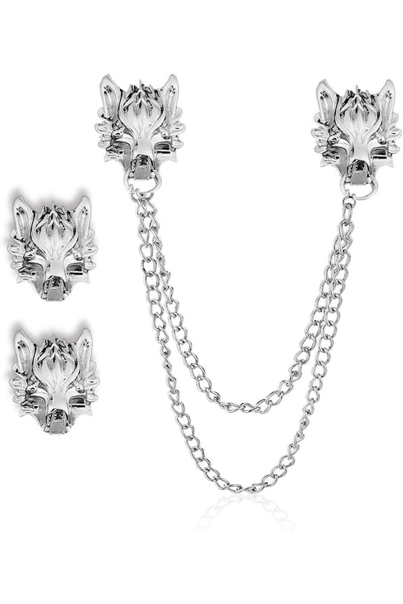 2PCS Wolf Head Long Collar Chain Brooch.Gold Silver Chain Tassel Brooch Pin,Punk Cool Animal Head Collar Coat Pin for Men's Suits Shirt Pin