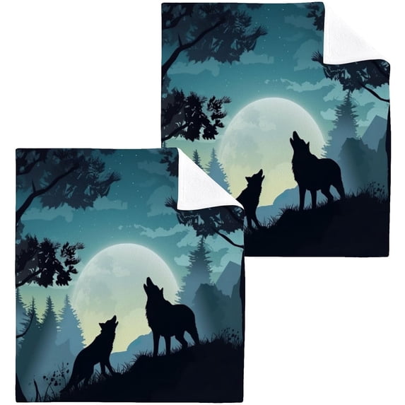 2PCS Wolf Moon Towels Cotton Washcloths Set,Quick Drying & Absorbent Soft Bathroom Hand Towel Lightweight & Portable Fingertip Towel Decor Gift
