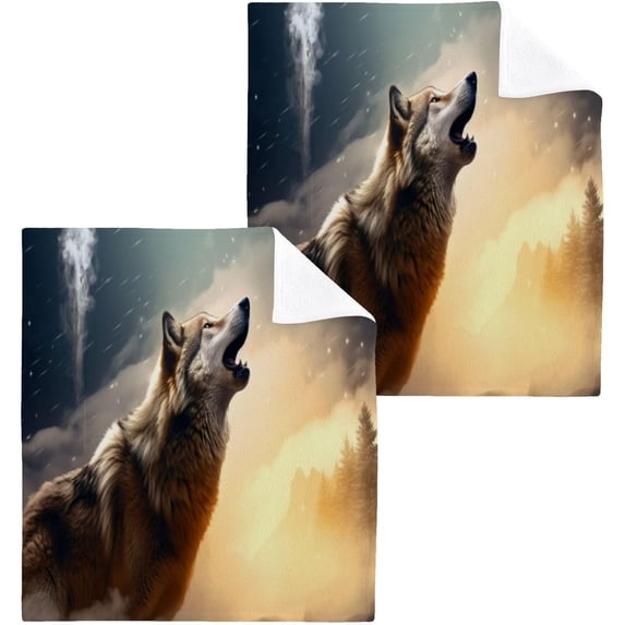 2PCS Wolf Towels Cotton Washcloths Set,Quick Drying & Absorbent Soft Bathroom Hand Towel Lightweight & Portable Fingertip Towel Decor Gift