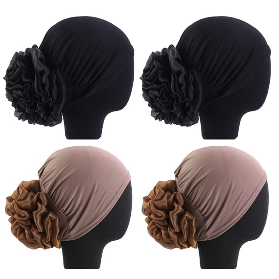 2PCS Women Big Flower Turban Beanie Cap for Ladies Muslim African Hijab, Hair Loss Chemo Cap Headwrap Bonnet