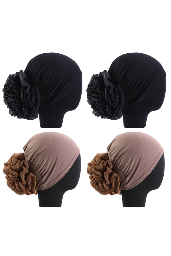 2PCS Women Big Flower Turban Beanie Cap for Ladies Muslim African Hijab, Hair Loss Chemo Cap Headwrap Bonnet
