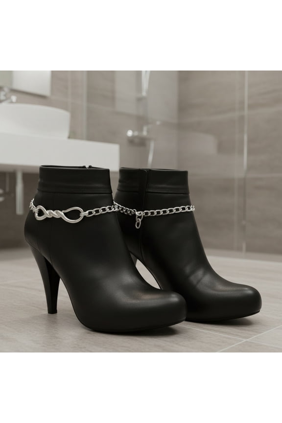 2PCS Women Boot Chain Bracelet Set Twisted Infinity Barb Wire Anklet Jewelry, Silver Metal Shoe Accessories Punk Goth Western Biker Fashion BC1