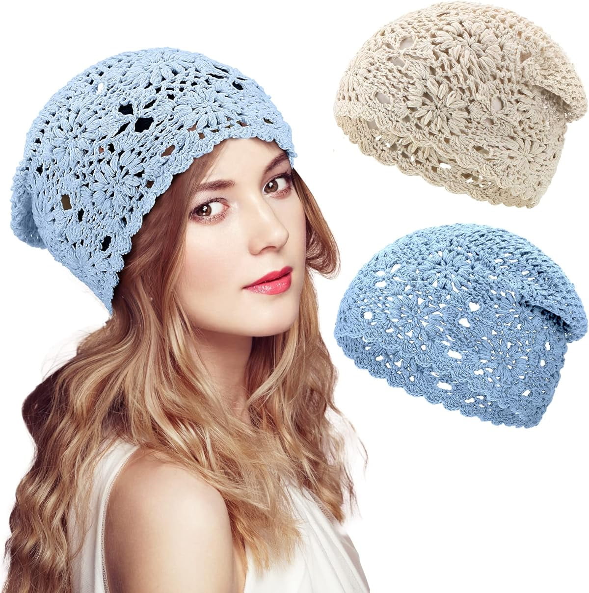 Women\'s Cotton Crochet Slouchy Beanie Hat Knit Summer Skull Cap Solid Blue DLAPL Cotton Crochet Hat Handmade Knit Summer Slouchy Beanie  main image 2