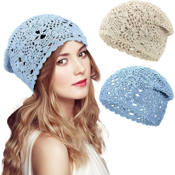 2PCS Women Cotton Crochet Slouchy Beanie Hat Handmade Knit Cutout Summer Floral Skull Cap