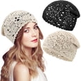 thumbnail image 1 of 2PCS Women Cotton Crochet Slouchy Beanie Hat Handmade Knit Cutout Summer Floral Skull Cap, 1 of 6