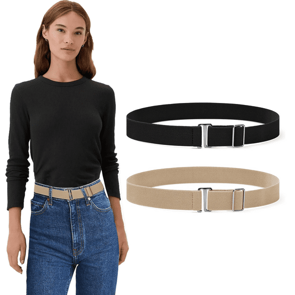2PCS Women No Show Stretch Belt, Adjustable Strap with Flat Buckle, Invisible Elastic Belt for Jeans Pants Dresses