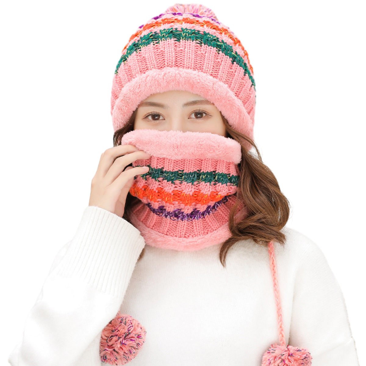 طقم قبعة شتوية ووشاح مع أغطية للأذنين - مبطن بالفرو، وواقي للوجه، ومبطن بفرو الشيربا للمشي لمسافات طويلة والأنشطة الخارجية