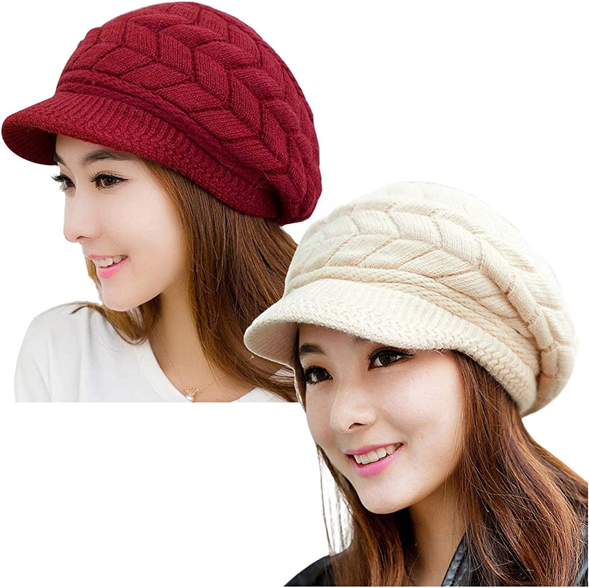 2PCS Women Winter Warm Knit Hat Slouchy Beanie Cap with Visor