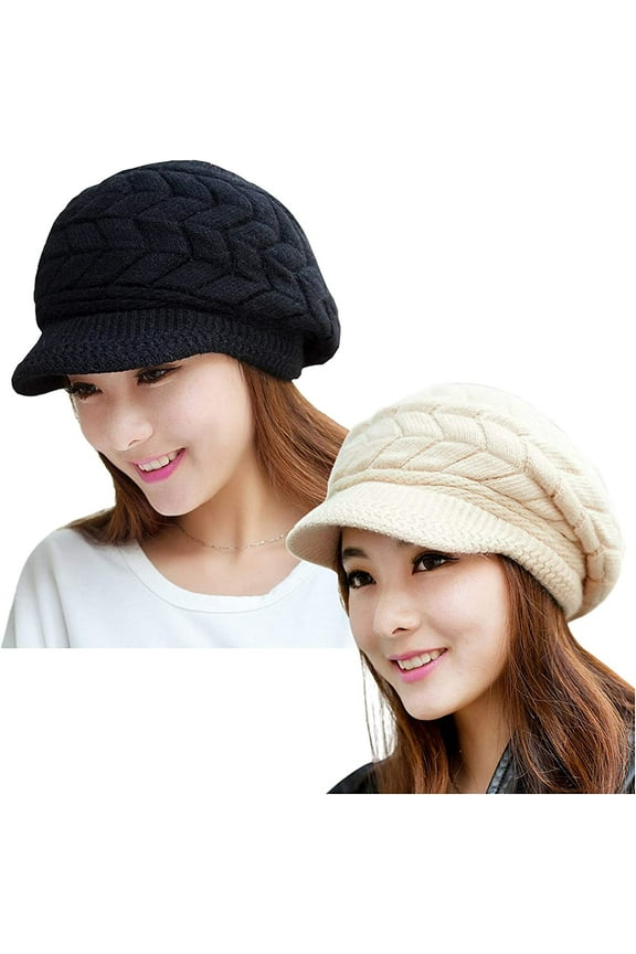 2PCS Women Winter Warm Knit Hat Slouchy Beanie Cap with Visor