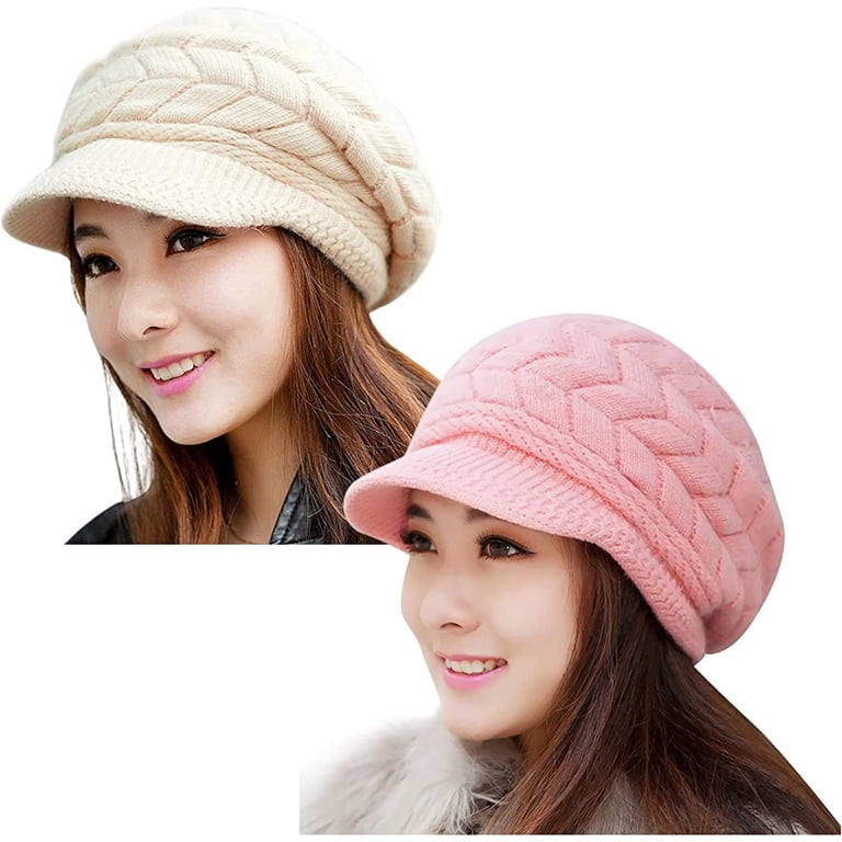 2 Pack Women Winter Warm Knit Hat Slouchy Beanie Cap with Visor Men Warm with Brim Cap Hat Knit Visor Beanie Fleece Lined  main image 4