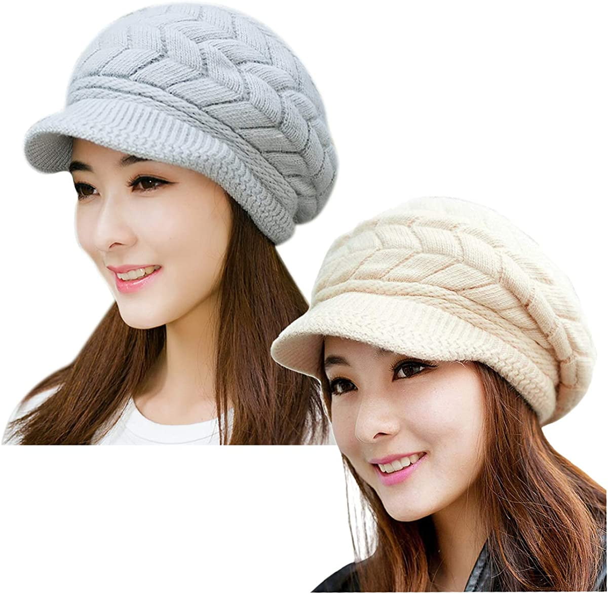 2PCS Women Winter Warm Knit Hat Slouchy Beanie Cap with Visor