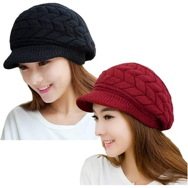 2PCS Women Winter Warm Knit Hat Slouchy Beanie Cap with Visor