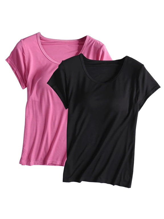 2PCS Women's Cotton Modal Blend Pajama, Pink and Black Crew Neck Short Sleeve Basic Blouse, Integrated Padded Bra, Breathable Soft Fabric, Spring Summer Sleep | TruHer,Black M