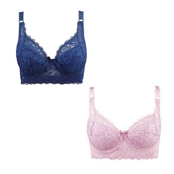 2PCS Women's Lace Bra Padded Push Up Lingerie Sexy Bra Underwear Sexy Lace Bra Women's Underwired Lace Bra Everyday Bra Large Size Thin Cotton Cups Gather Underwear(105D/46D+Blue+)