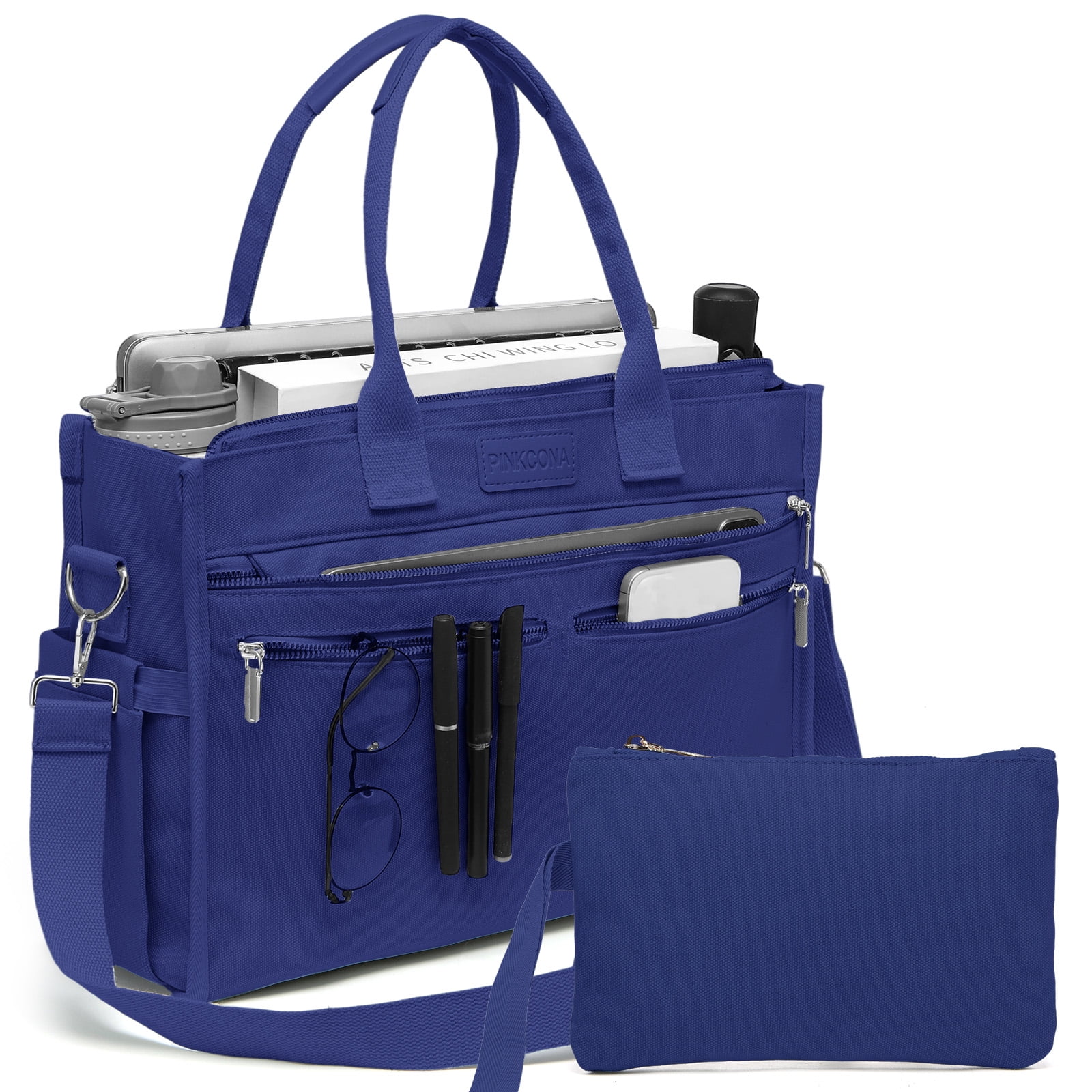 2PCS Women's Large Canvas Tote Bag Set, Multi-Pocket Laptop Shoulder & Crossbody Bag with Zipper and Pouch for Work, Teacher, College, Travel