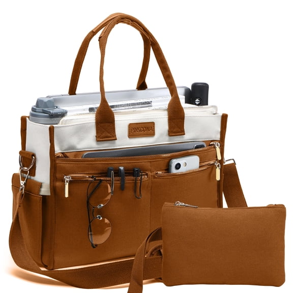 2PCS Women's Large Canvas Tote Bag Set, Multi-Pocket Laptop Shoulder & Crossbody Bag with Zipper and Pouch for Work, Teacher, College, Travel