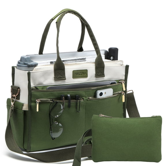 2PCS Women's Large Canvas Tote Bag Set, Multi-Pocket Laptop Shoulder & Crossbody Bag with Zipper and Pouch for Work, Teacher, College, Travel