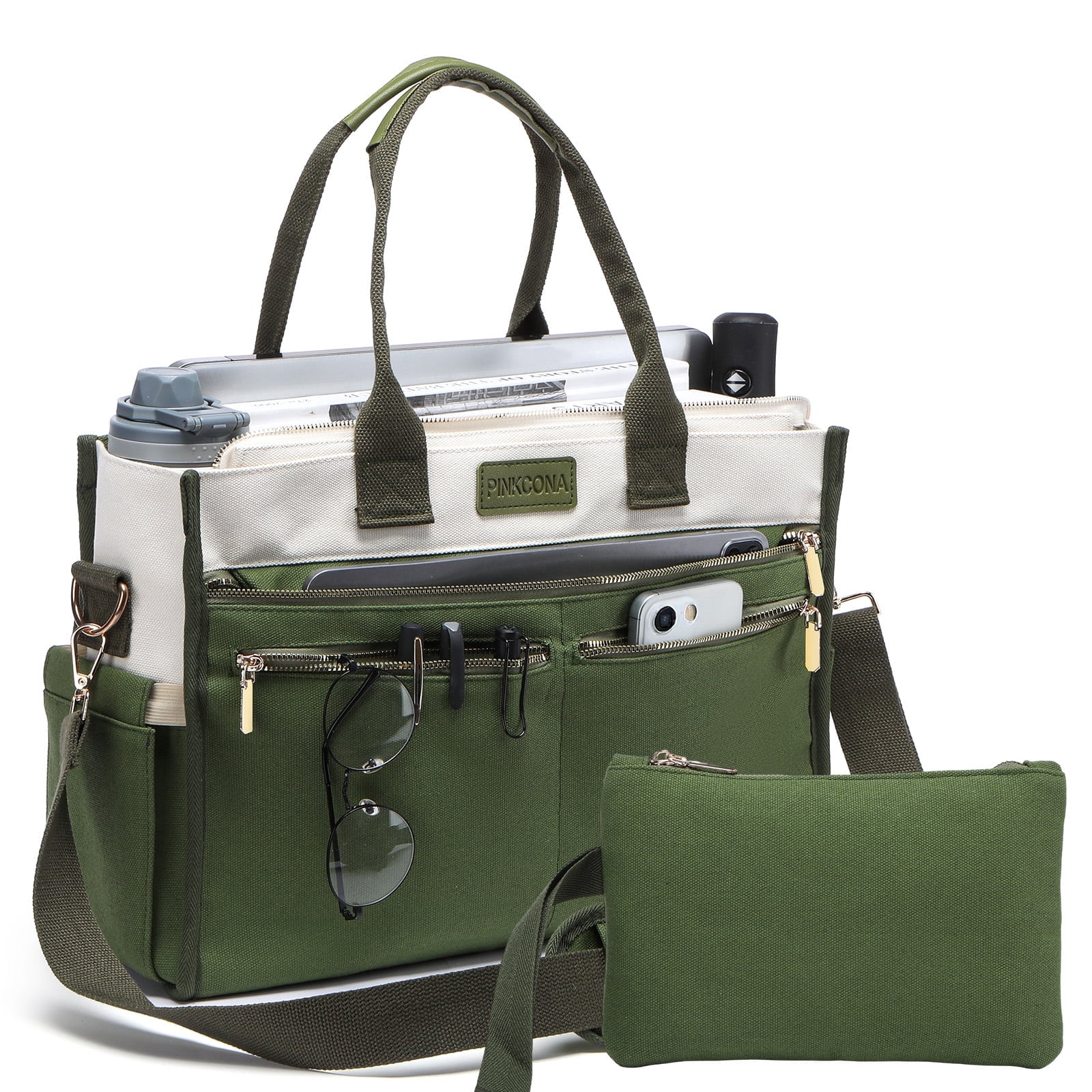2PCS Women's Large Canvas Tote Bag Set, Multi-Pocket Laptop Shoulder & Crossbody Bag with Zipper and Pouch for Work, Teacher, College, Travel
