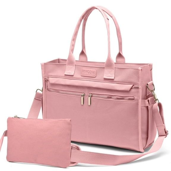 2PCS Women's Large Canvas Tote Bag Set, Multi-Pocket Laptop Shoulder & Crossbody Bag with Zipper and Pouch for Work, Teacher, College, Travel