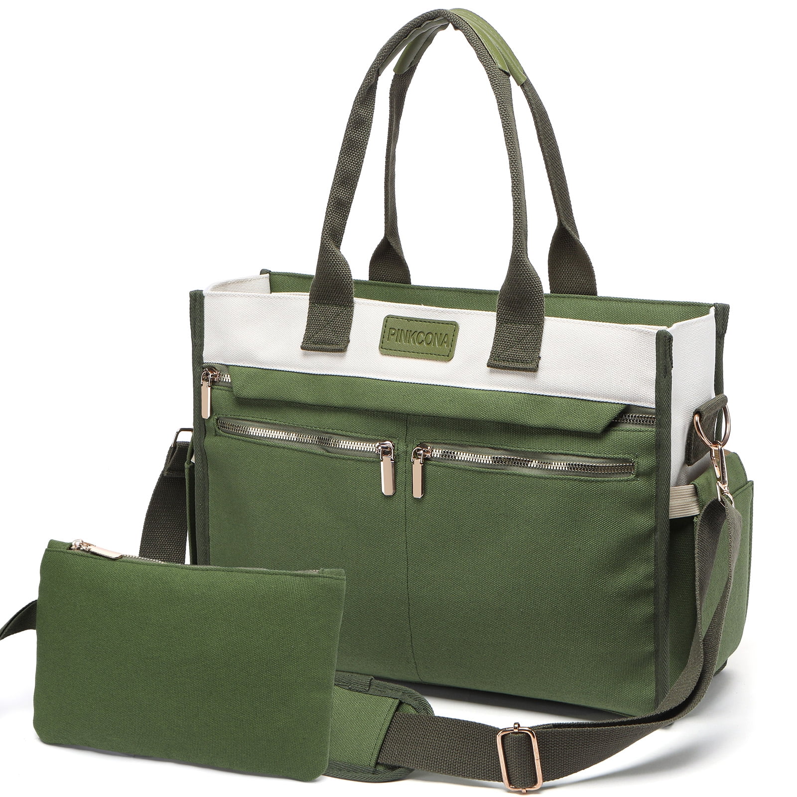 2PCS Women's Large Canvas Tote Bag Set, Multi-Pocket Laptop Shoulder & Crossbody Bag with Zipper and Pouch for Work, Teacher, College, Travel