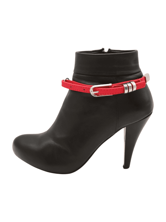 2PCS Womens Red Boot Chain Straps Faux Leather Anklet Wraps with Silver Buckle Western Cowgirl Rocker Style BC8