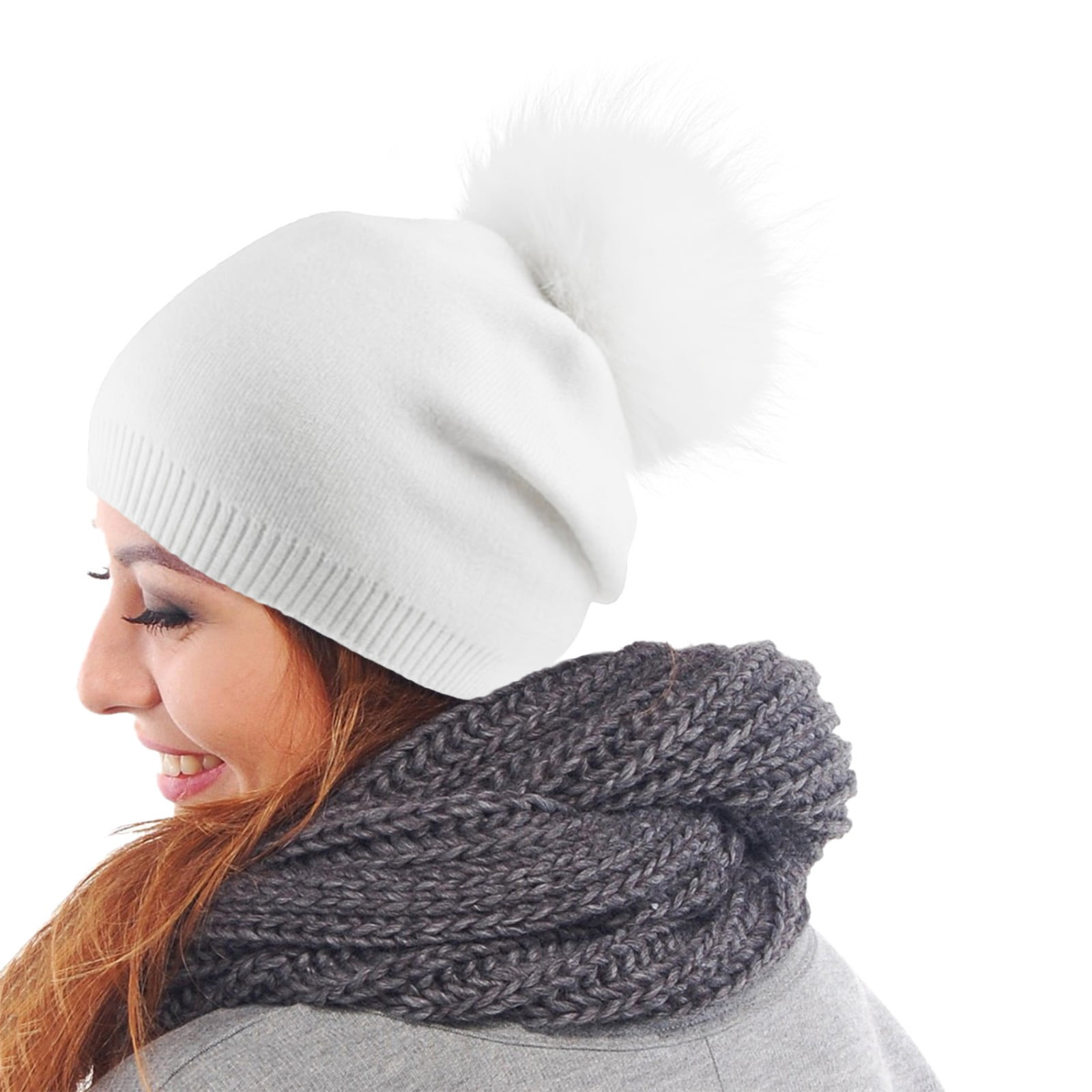 2PCS Women's Winter Autumn Hat Faux Plush Bobble I Beany Knitted