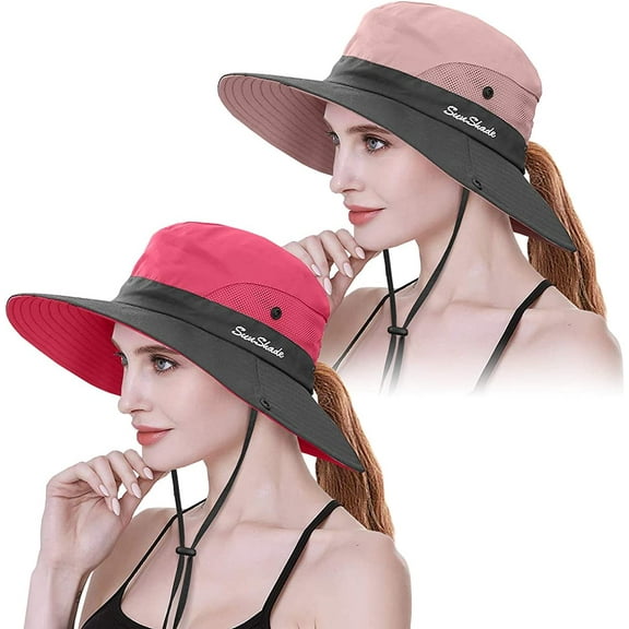 2PCS Womens Ponytail Wide Brim Sun Hat Packable UV Protection Beach Cap for Fishing & Hiking