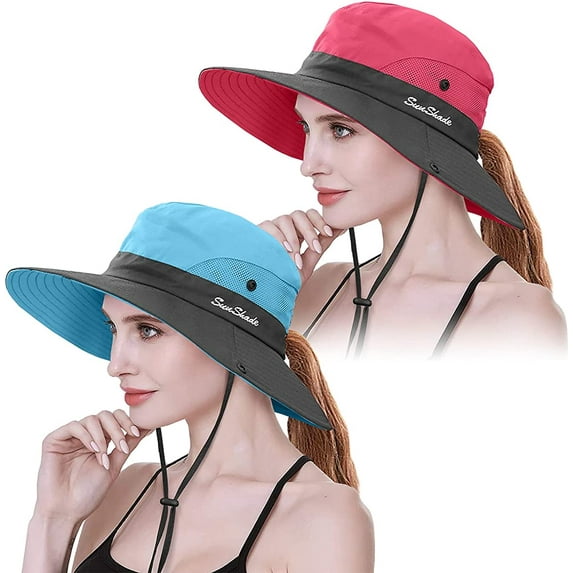 2PCS Womens Ponytail Wide Brim Sun Hat Packable UV Protection Beach Cap for Fishing & Hiking