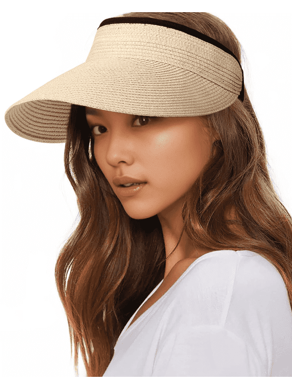 2PCS Womens Sun Visor Hat Straw Sun Visors for Women Summer Packable Ponytail Beach Hats for Women Travel Beige